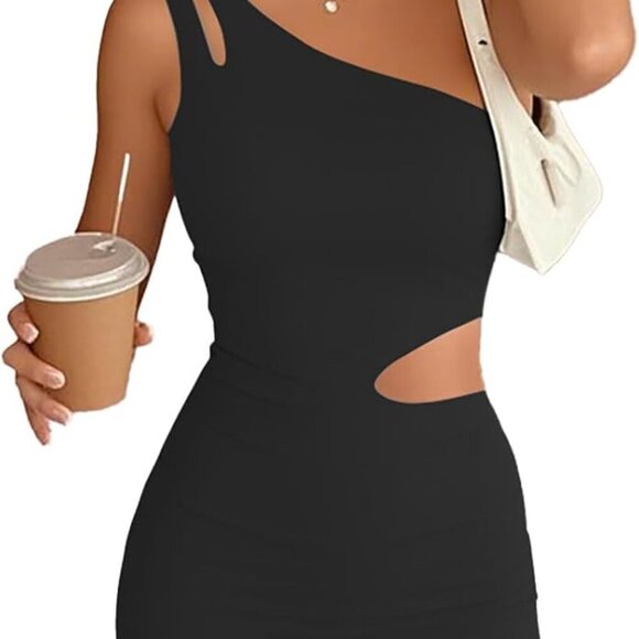 Women's One Shoulder Bodycon Dress Mini Asymmetrical Cut Out Club Wear - Picture 2 of 6